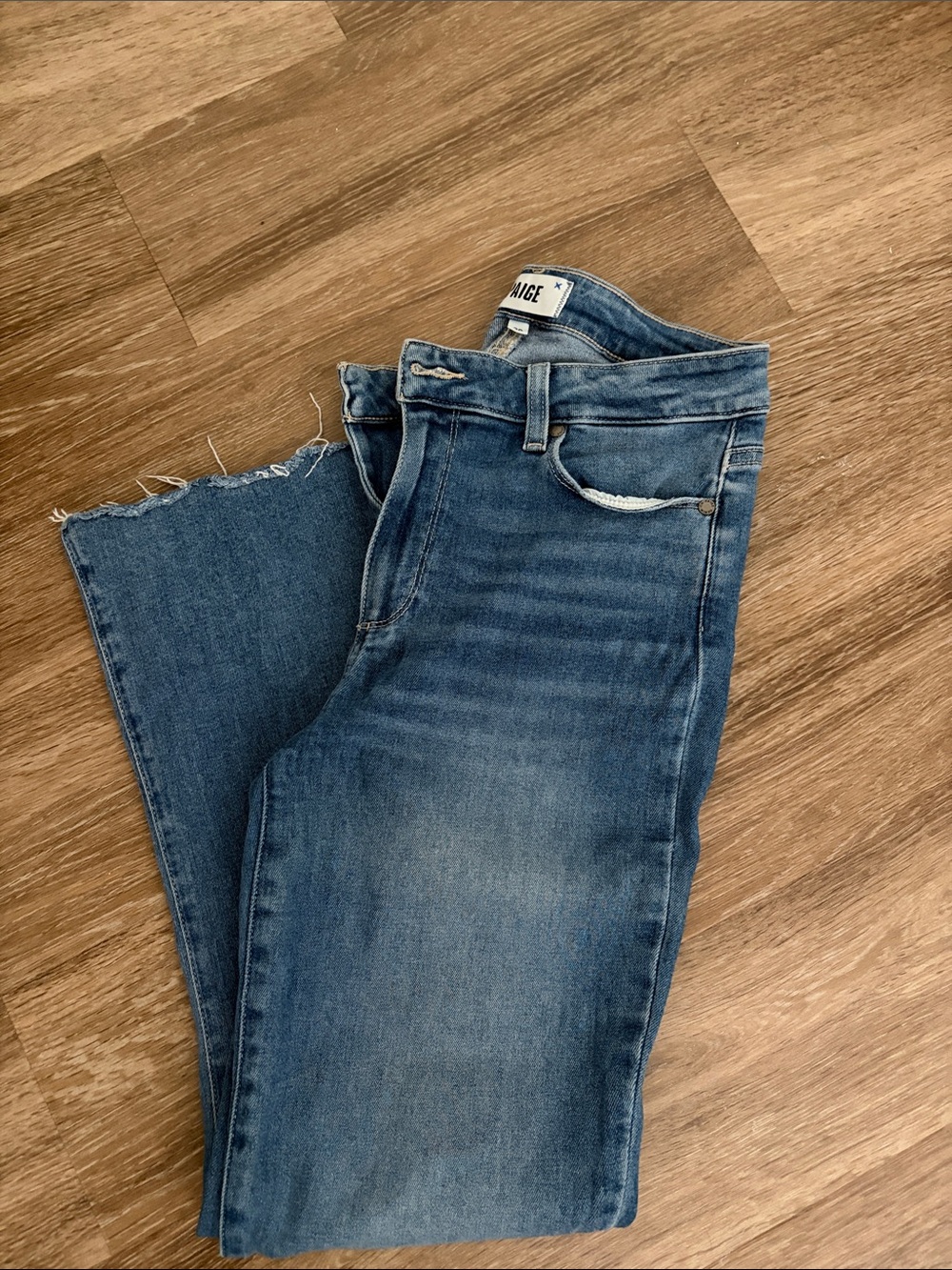 PAIGE Straight-Leg Medium Blue Frayed Hem Jeans